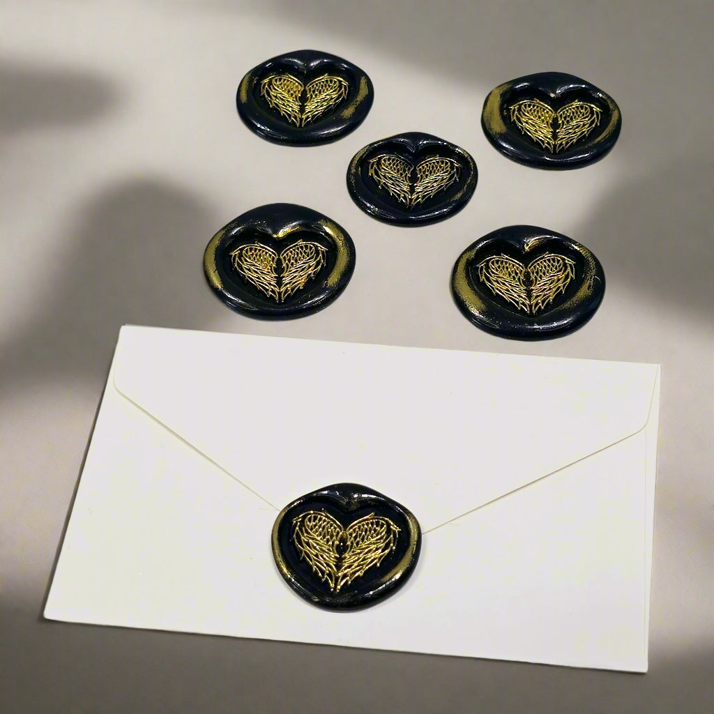 Angel Wings Heart Wax Seals Black & Gold Set of Five, with Adhesive Wax Seals for Cards, Invitations and Gifts