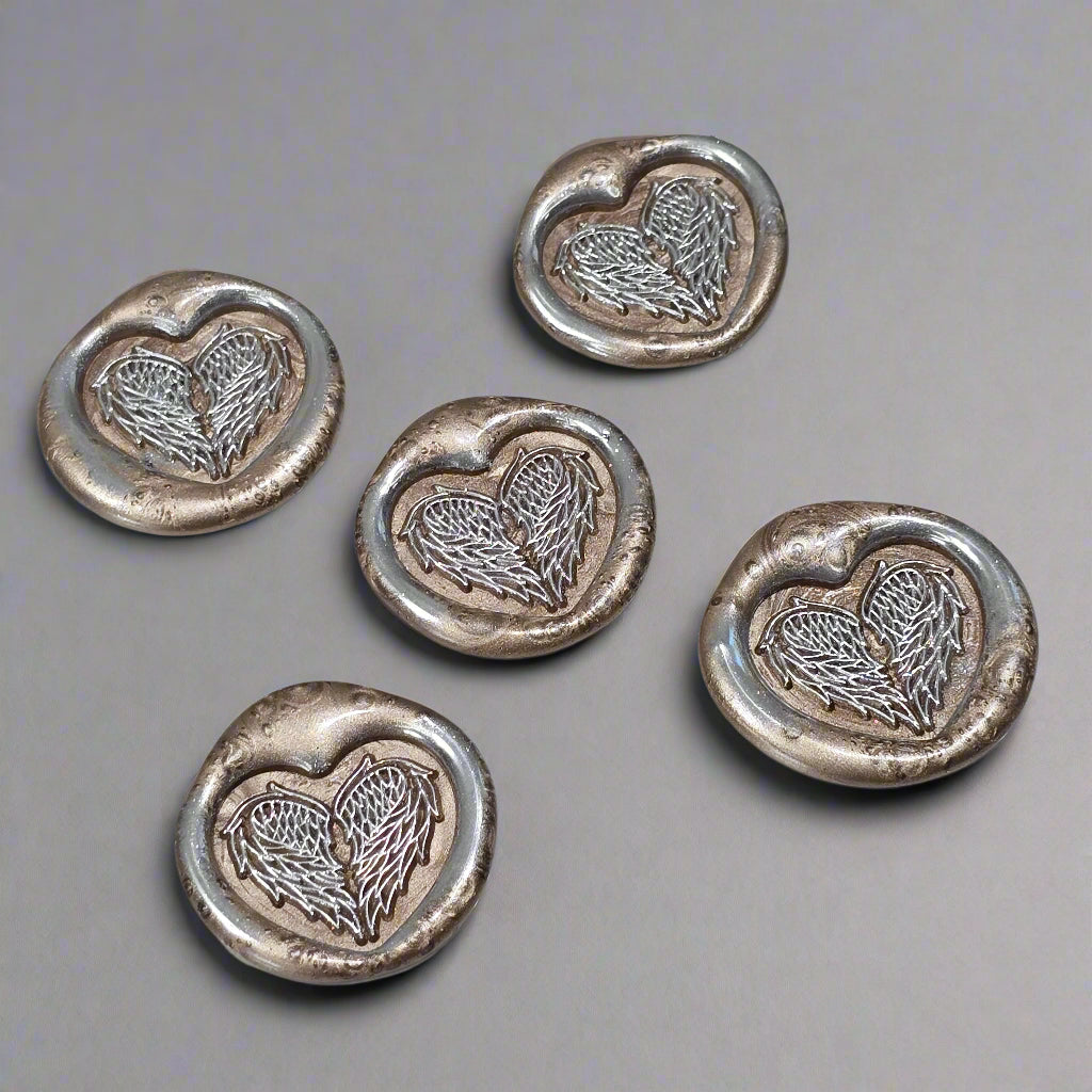 Angel Wings Heart Wax Seals Champagne & Silver Set of Five, with Adhesive Wax Seals for Cards, Invitations and Gifts