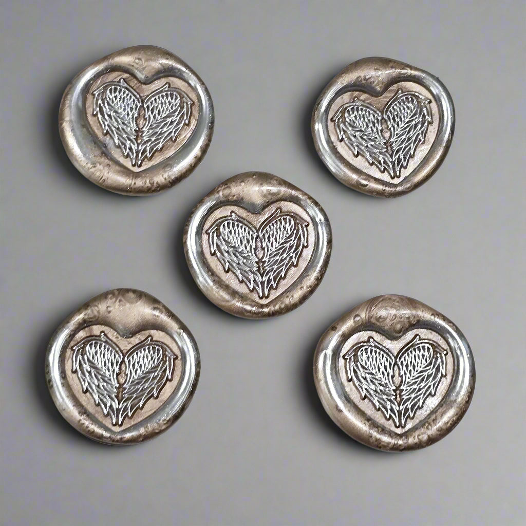 Angel Wings Heart Wax Seals Champagne & Silver Set of Five, with Adhesive Wax Seals for Cards, Invitations and Gifts