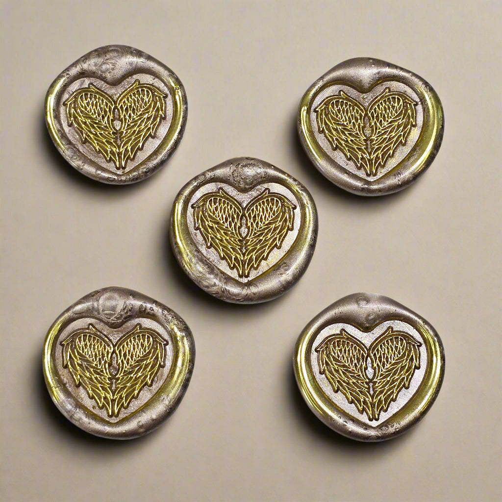 Angel Wings Heart Wax Seals Champagne & Gold Set of Five, with Adhesive Wax Seals for Cards, Invitations and Gifts