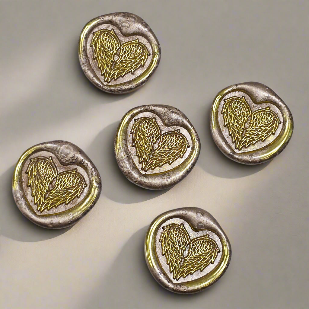 Angel Wings Heart Wax Seals Champagne & Gold Set of Five, with Adhesive Wax Seals for Cards, Invitations and Gifts