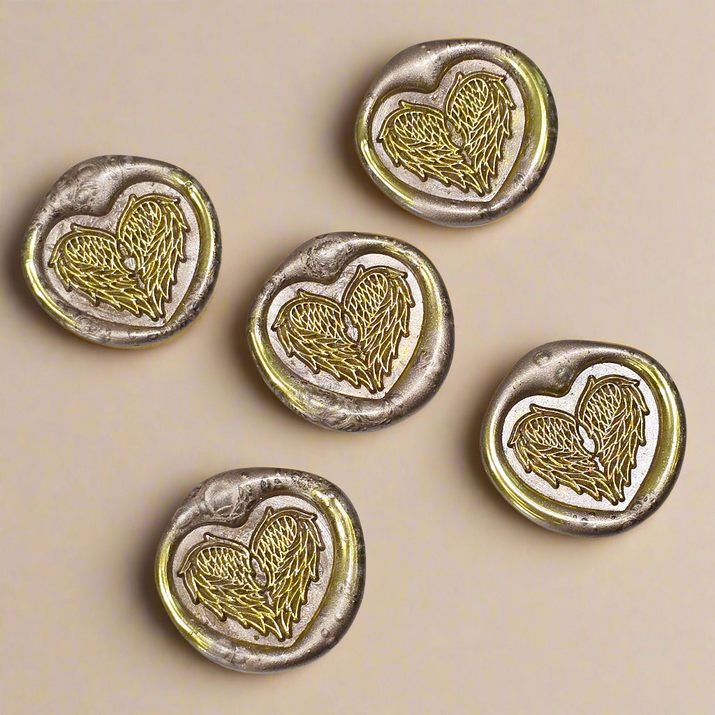 Angel Wings Heart Wax Seals Champagne & Gold Set of Five, with Adhesive Wax Seals for Cards, Invitations and Gifts