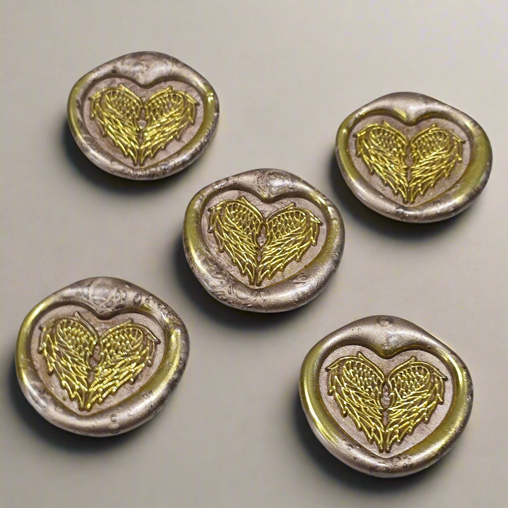 Angel Wings Heart Wax Seals Champagne & Gold Set of Five, with Adhesive Wax Seals for Cards, Invitations and Gifts