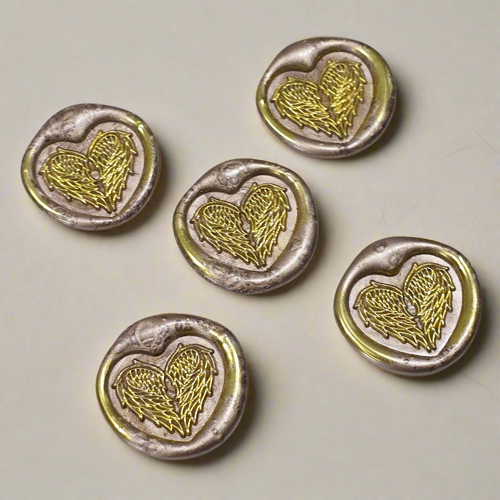 Angel Wings Heart Wax Seals Champagne & Gold Set of Five, with Adhesive Wax Seals for Cards, Invitations and Gifts