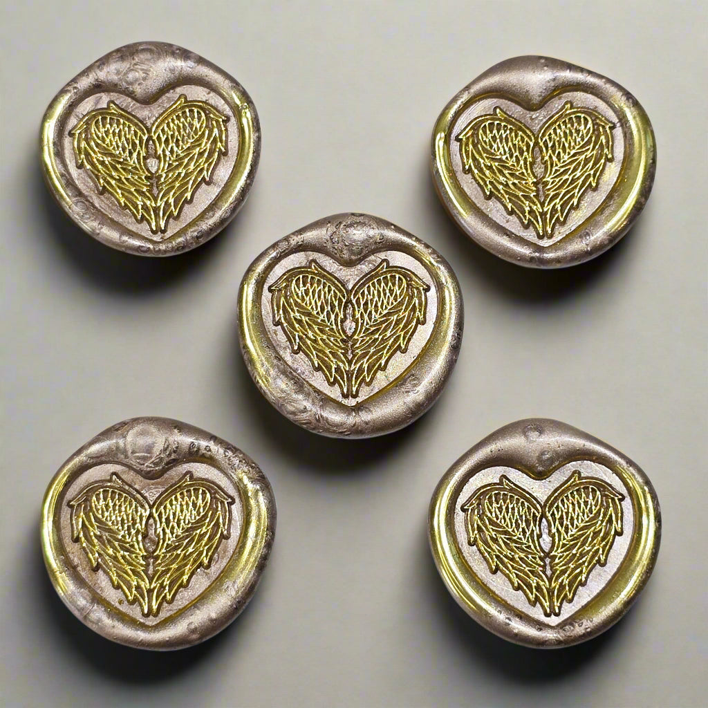Angel Wings Heart Wax Seals Champagne & Gold Set of Five, with Adhesive Wax Seals for Cards, Invitations and Gifts