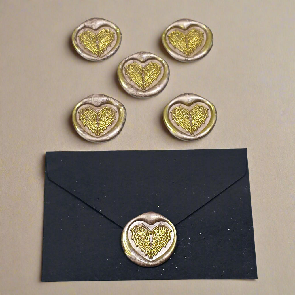 Angel Wings Heart Wax Seals Champagne & Gold Set of Five, with Adhesive Wax Seals for Cards, Invitations and Gifts