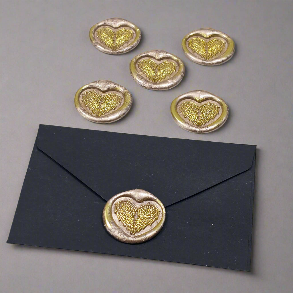 Angel Wings Heart Wax Seals Champagne & Gold Set of Five, with Adhesive Wax Seals for Cards, Invitations and Gifts