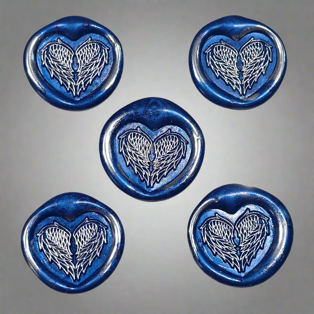 Angel Wings Heart Wax Seals Blue & Silver Set of Five, with Adhesive Wax Seals for Cards, Invitations and Gifts