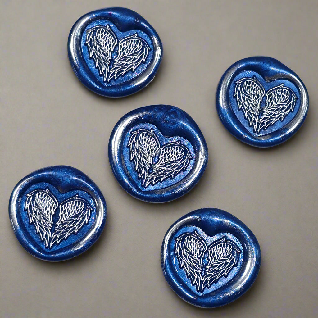 Angel Wings Heart Wax Seals Blue & Silver Set of Five, with Adhesive Wax Seals for Cards, Invitations and Gifts