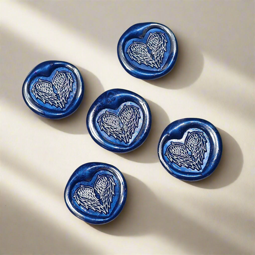 Angel Wings Heart Wax Seals Blue & Silver Set of Five, with Adhesive Wax Seals for Cards, Invitations and Gifts