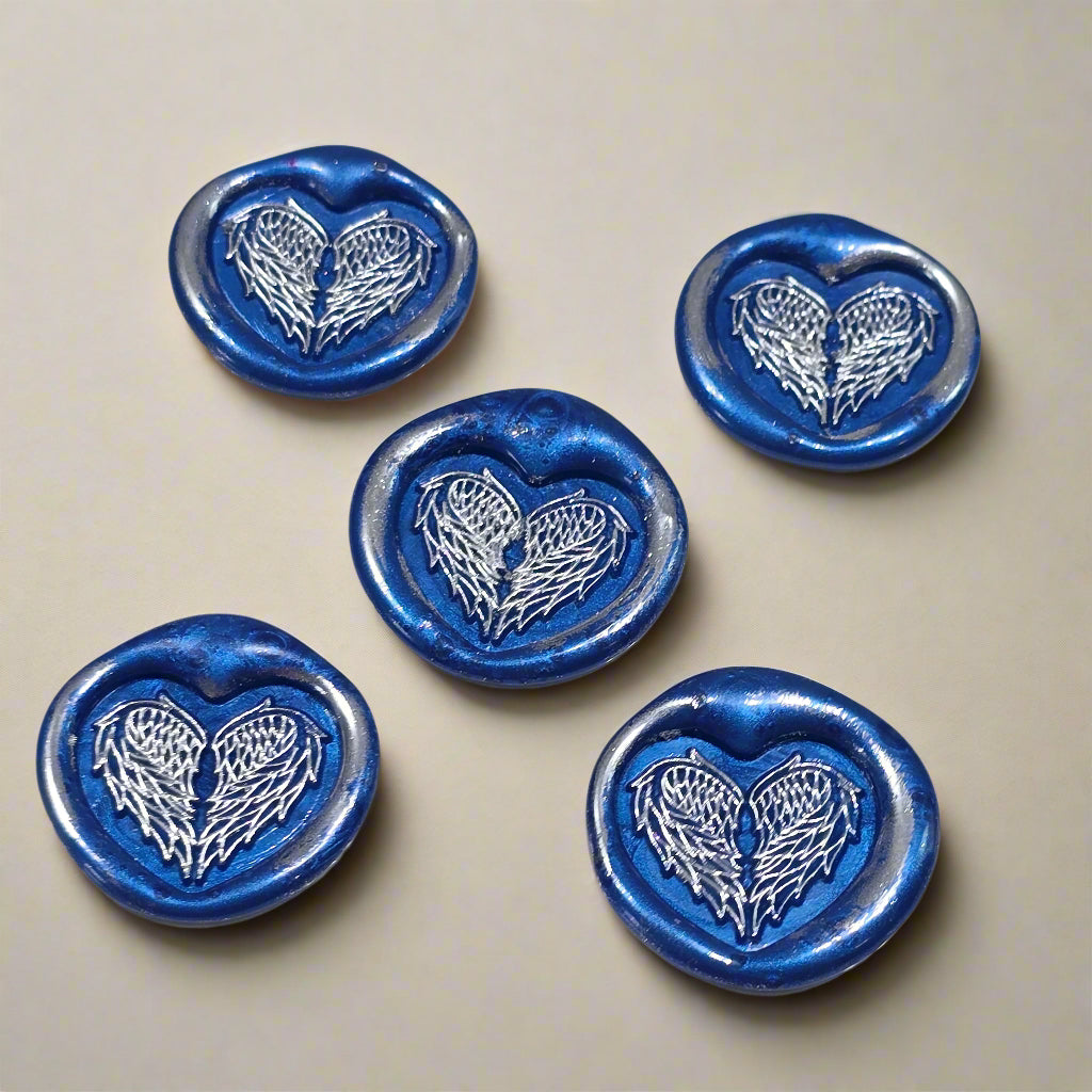 Angel Wings Heart Wax Seals Blue & Silver Set of Five, with Adhesive Wax Seals for Cards, Invitations and Gifts