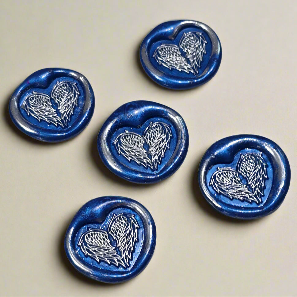 Angel Wings Heart Wax Seals Blue & Silver Set of Five, with Adhesive Wax Seals for Cards, Invitations and Gifts