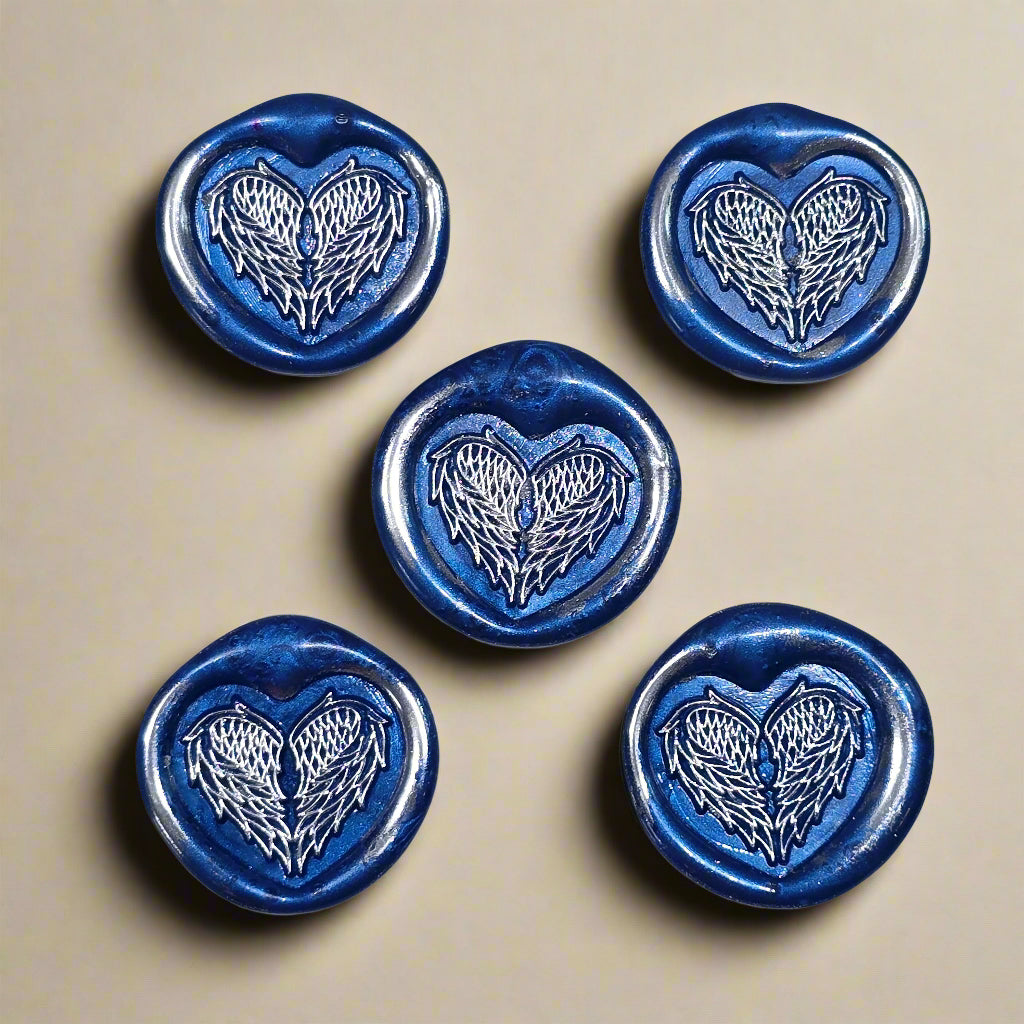 Angel Wings Heart Wax Seals Blue & Silver Set of Five, with Adhesive Wax Seals for Cards, Invitations and Gifts