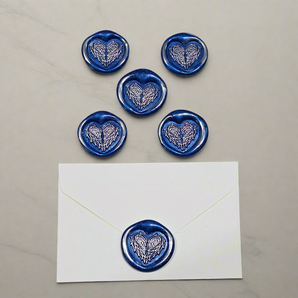 Angel Wings Heart Wax Seals Blue & Silver Set of Five, with Adhesive Wax Seals for Cards, Invitations and Gifts