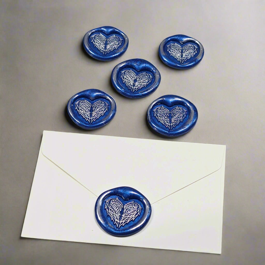 Angel Wings Heart Wax Seals Blue & Silver Set of Five, with Adhesive Wax Seals for Cards, Invitations and Gifts