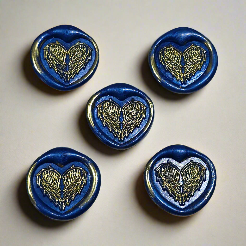 Angel Wings Heart Wax Seals Blue & Gold Set of Five, with Adhesive Wax Seals for Cards, Invitations and Gifts