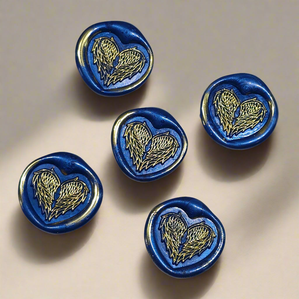 Angel Wings Heart Wax Seals Blue & Gold Set of Five, with Adhesive Wax Seals for Cards, Invitations and Gifts