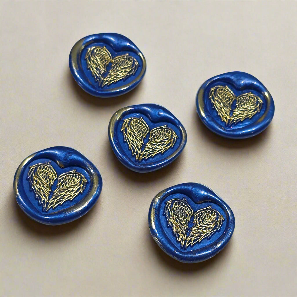 Angel Wings Heart Wax Seals Blue & Gold Set of Five, with Adhesive Wax Seals for Cards, Invitations and Gifts