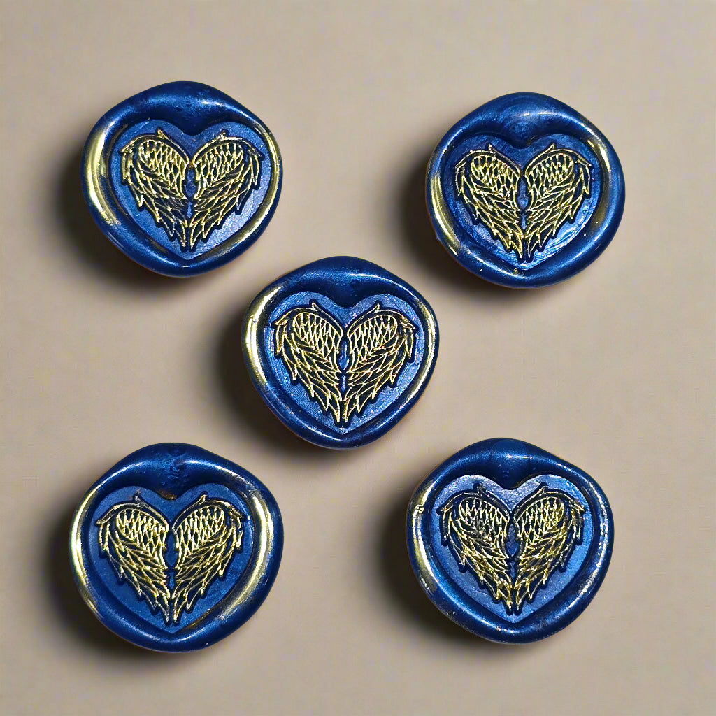 Angel Wings Heart Wax Seals Blue & Gold Set of Five, with Adhesive Wax Seals for Cards, Invitations and Gifts