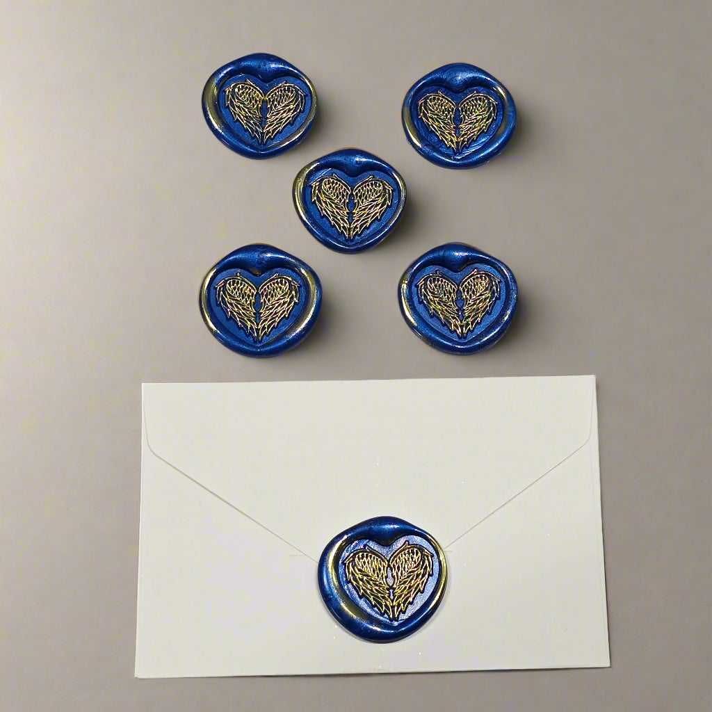 Angel Wings Heart Wax Seals Blue & Gold Set of Five, with Adhesive Wax Seals for Cards, Invitations and Gifts