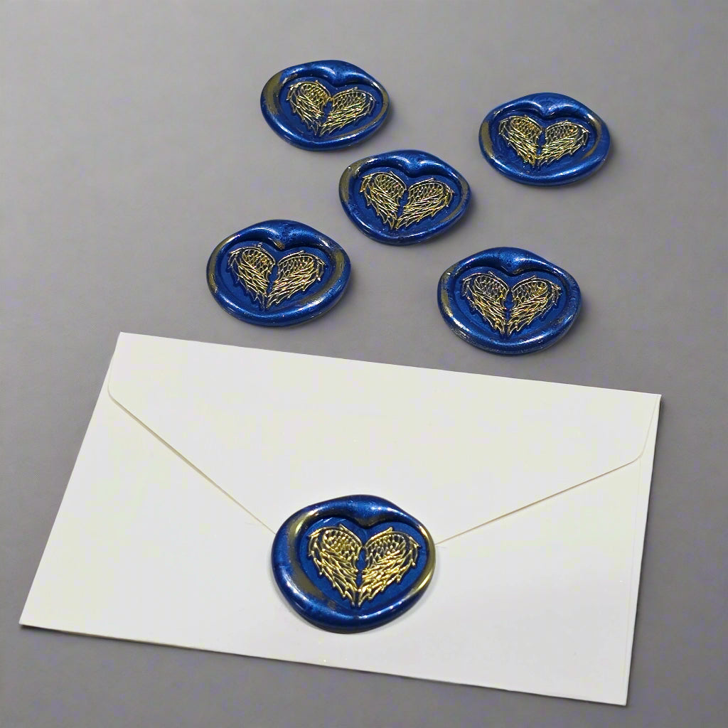 Angel Wings Heart Wax Seals Blue & Gold Set of Five, with Adhesive Wax Seals for Cards, Invitations and Gifts