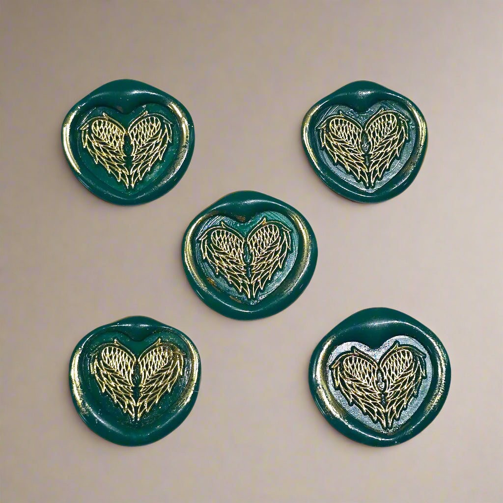 Angel Wings Heart Wax Seals Green & Gold Set of Five, with Adhesive Wax Seals for Cards, Invitations and Gifts