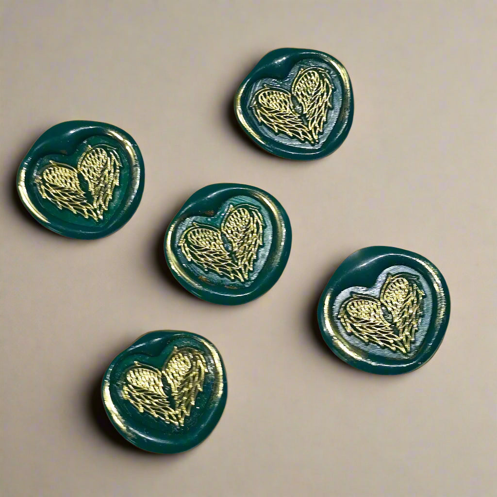 Angel Wings Heart Wax Seals Green & Gold Set of Five, with Adhesive Wax Seals for Cards, Invitations and Gifts