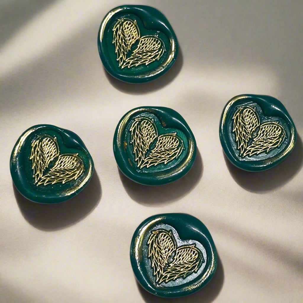 Angel Wings Heart Wax Seals Green & Gold Set of Five, with Adhesive Wax Seals for Cards, Invitations and Gifts