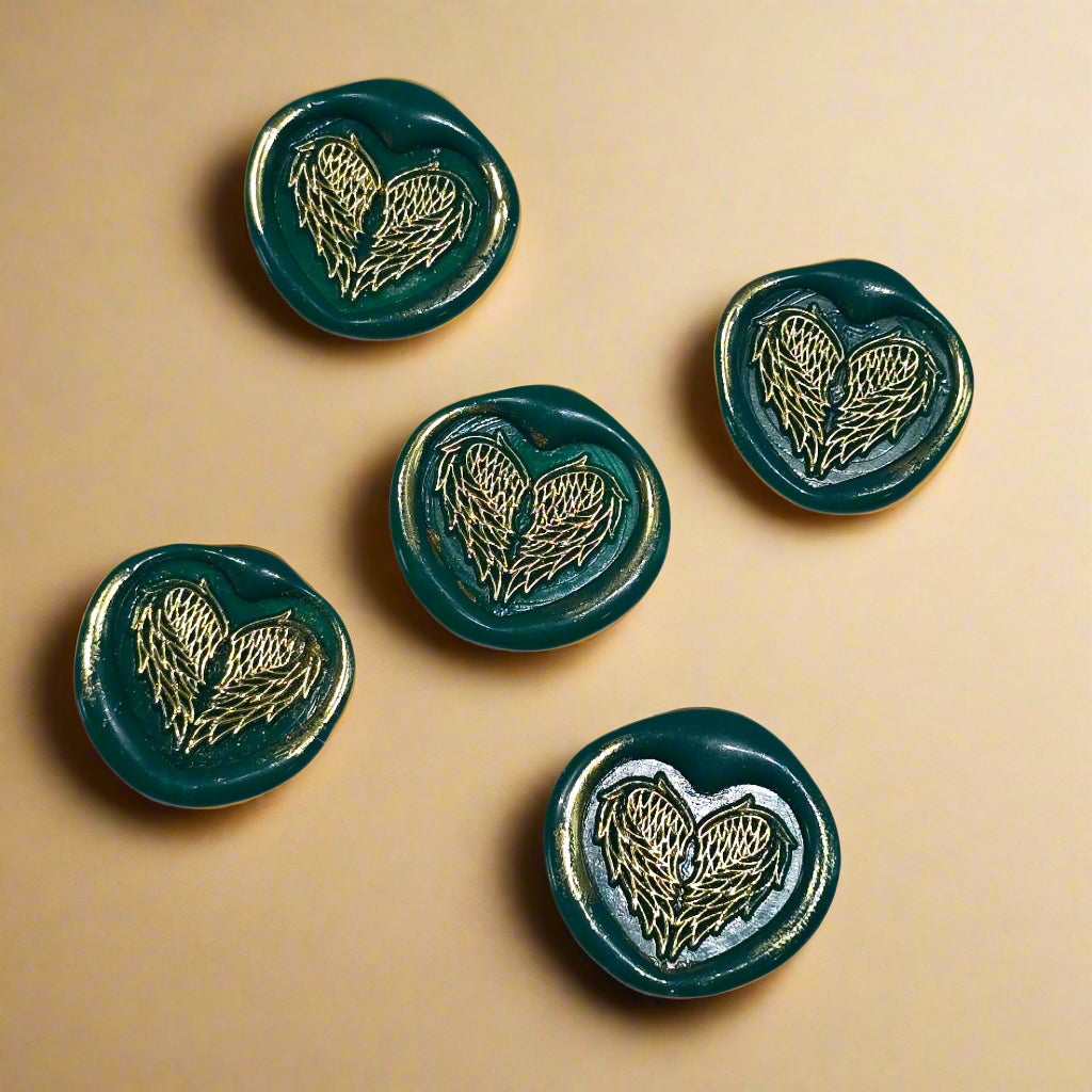 Angel Wings Heart Wax Seals Green & Gold Set of Five, with Adhesive Wax Seals for Cards, Invitations and Gifts