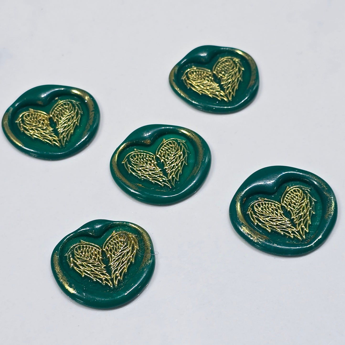 Angel Wings Heart Wax Seals Green & Gold Set of Five, with Adhesive Wax Seals for Cards, Invitations and Gifts