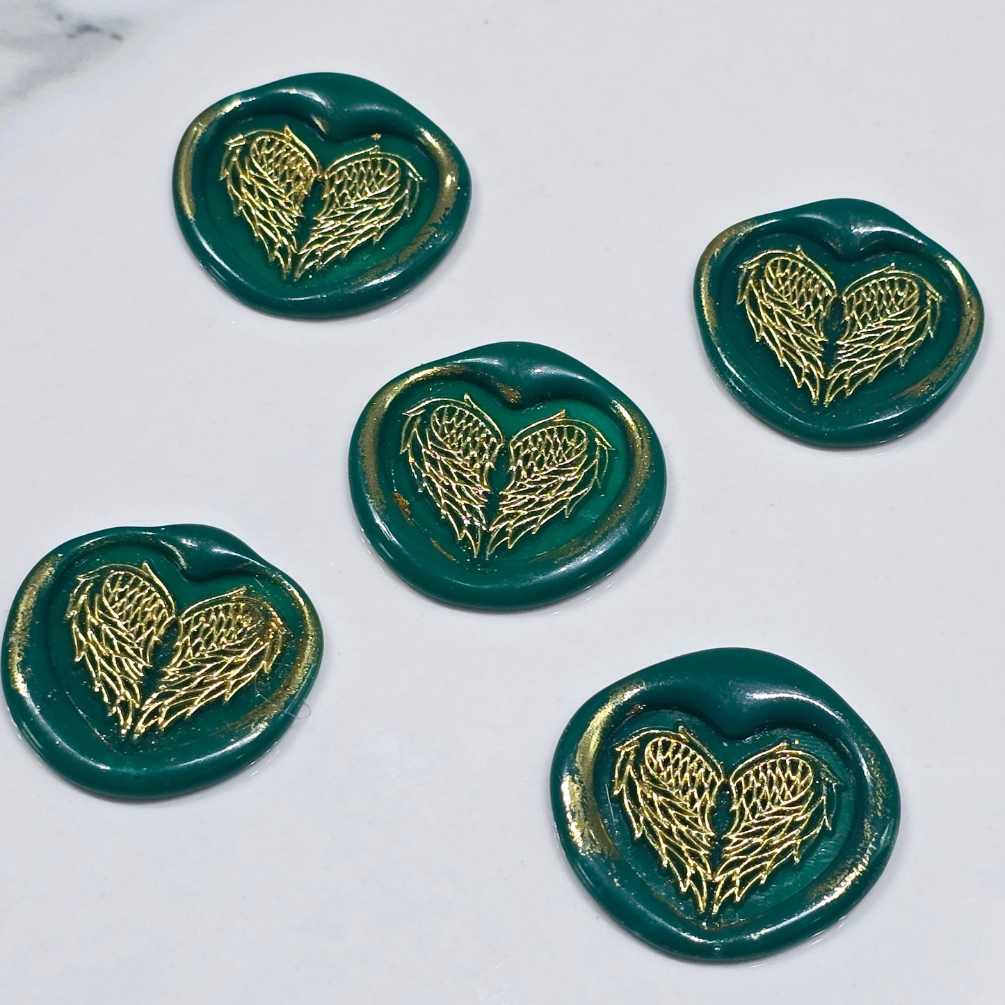 Angel Wings Heart Wax Seals Green & Gold Set of Five, with Adhesive Wax Seals for Cards, Invitations and Gifts