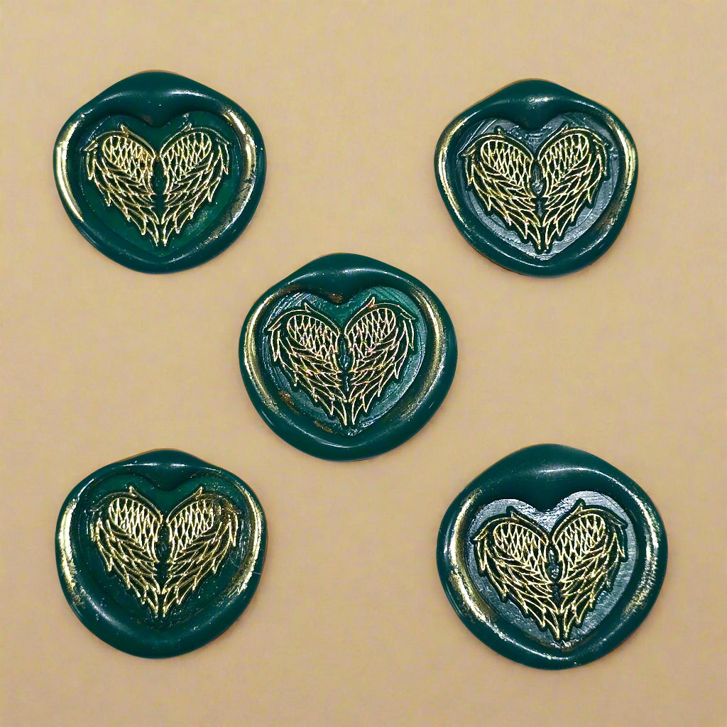 Angel Wings Heart Wax Seals Green & Gold Set of Five, with Adhesive Wax Seals for Cards, Invitations and Gifts