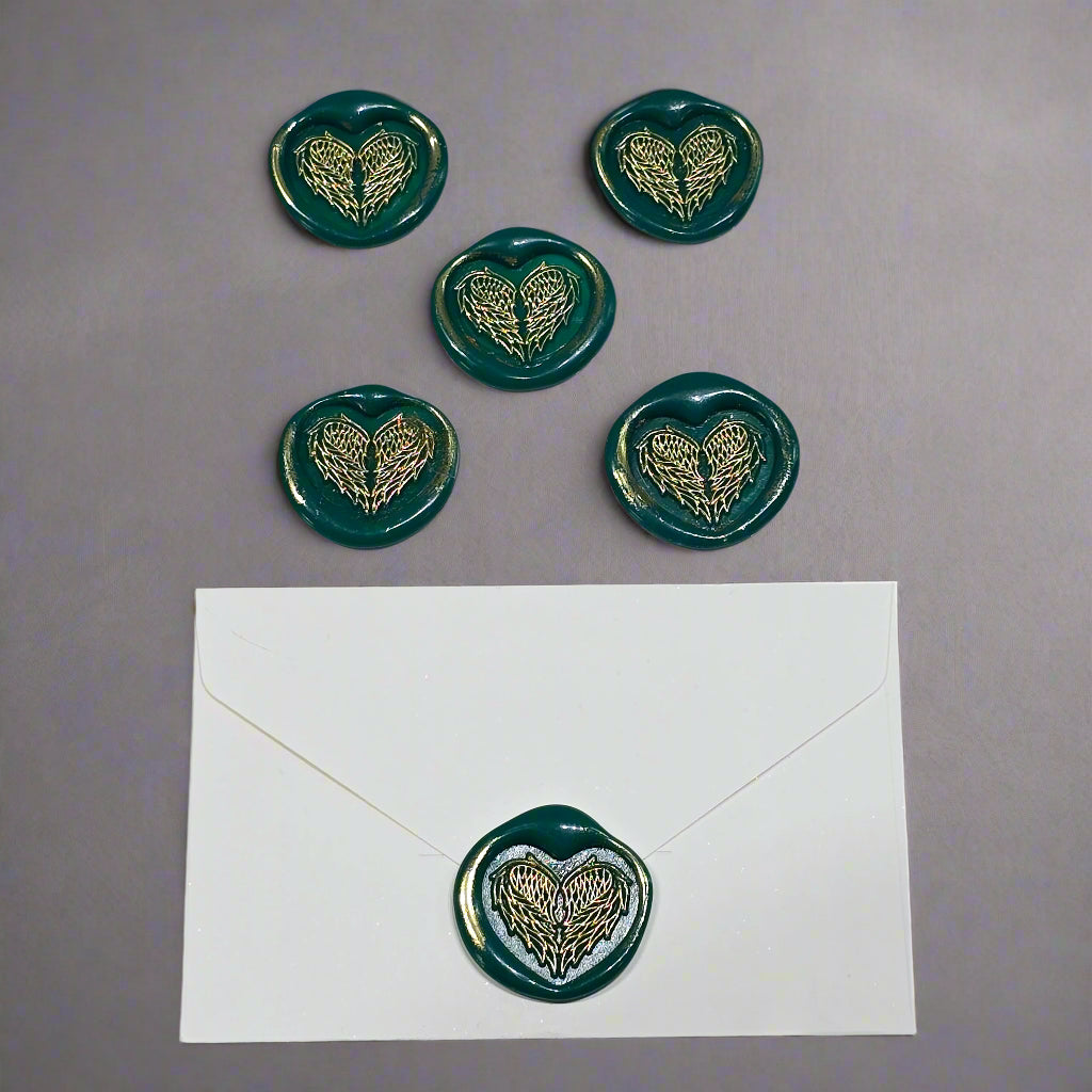 Angel Wings Heart Wax Seals Green & Gold Set of Five, with Adhesive Wax Seals for Cards, Invitations and Gifts