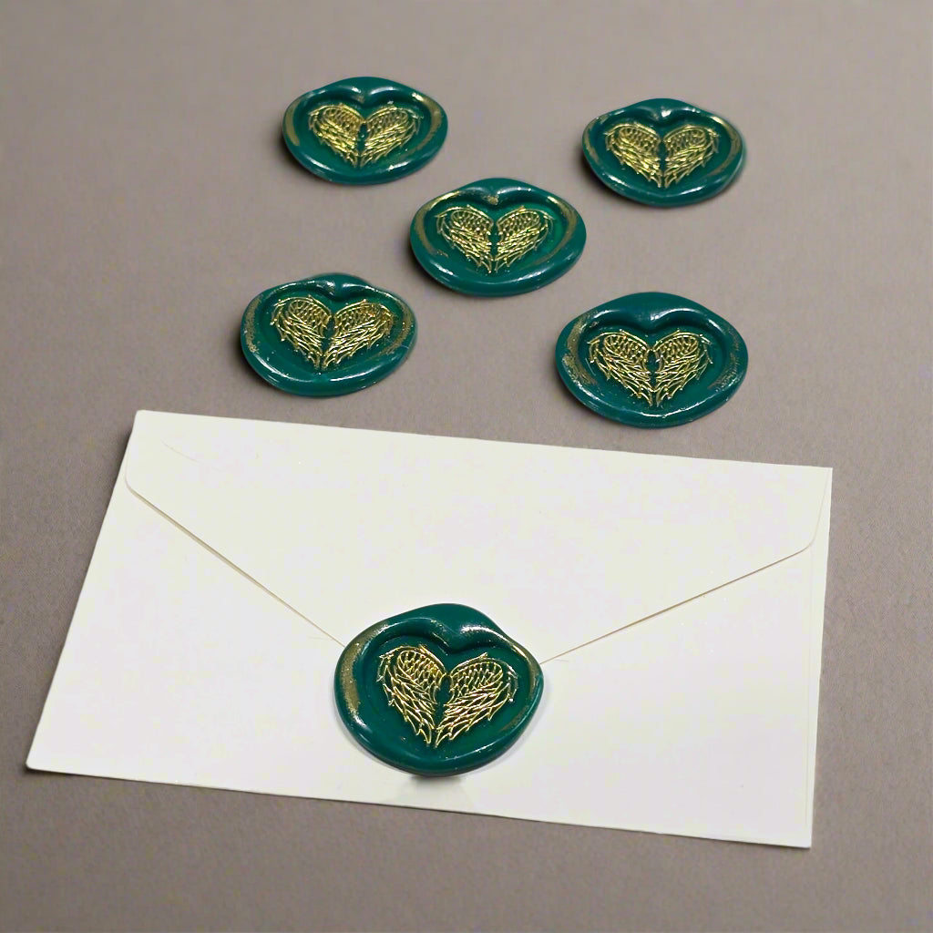Angel Wings Heart Wax Seals Green & Gold Set of Five, with Adhesive Wax Seals for Cards, Invitations and Gifts