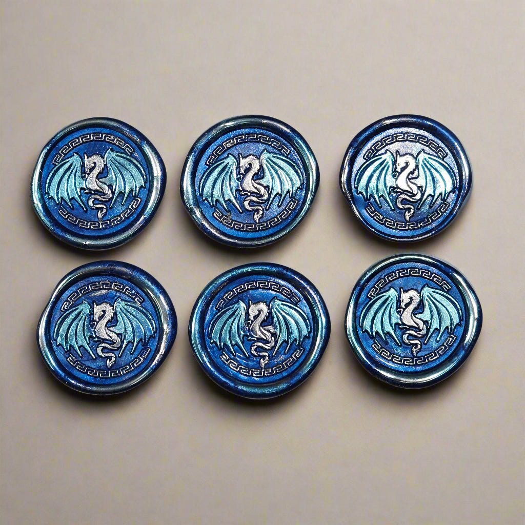 Dragon Wings Spread Wax Seals Blue & Silver Set of SIX, with Adhesive Wax Seals for Cards, Invitations and Gifts