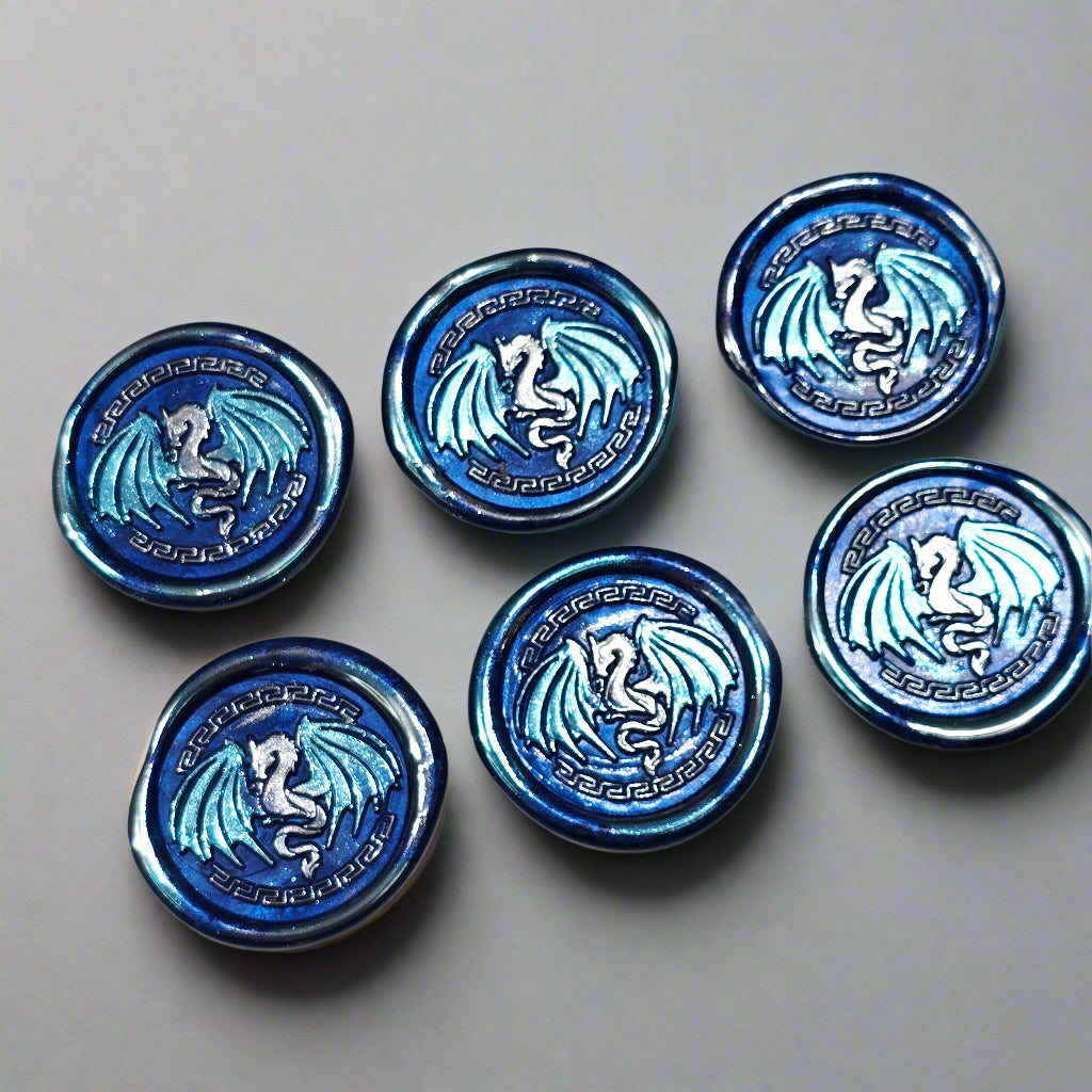 Dragon Wings Spread Wax Seals Blue & Silver Set of SIX, with Adhesive Wax Seals for Cards, Invitations and Gifts
