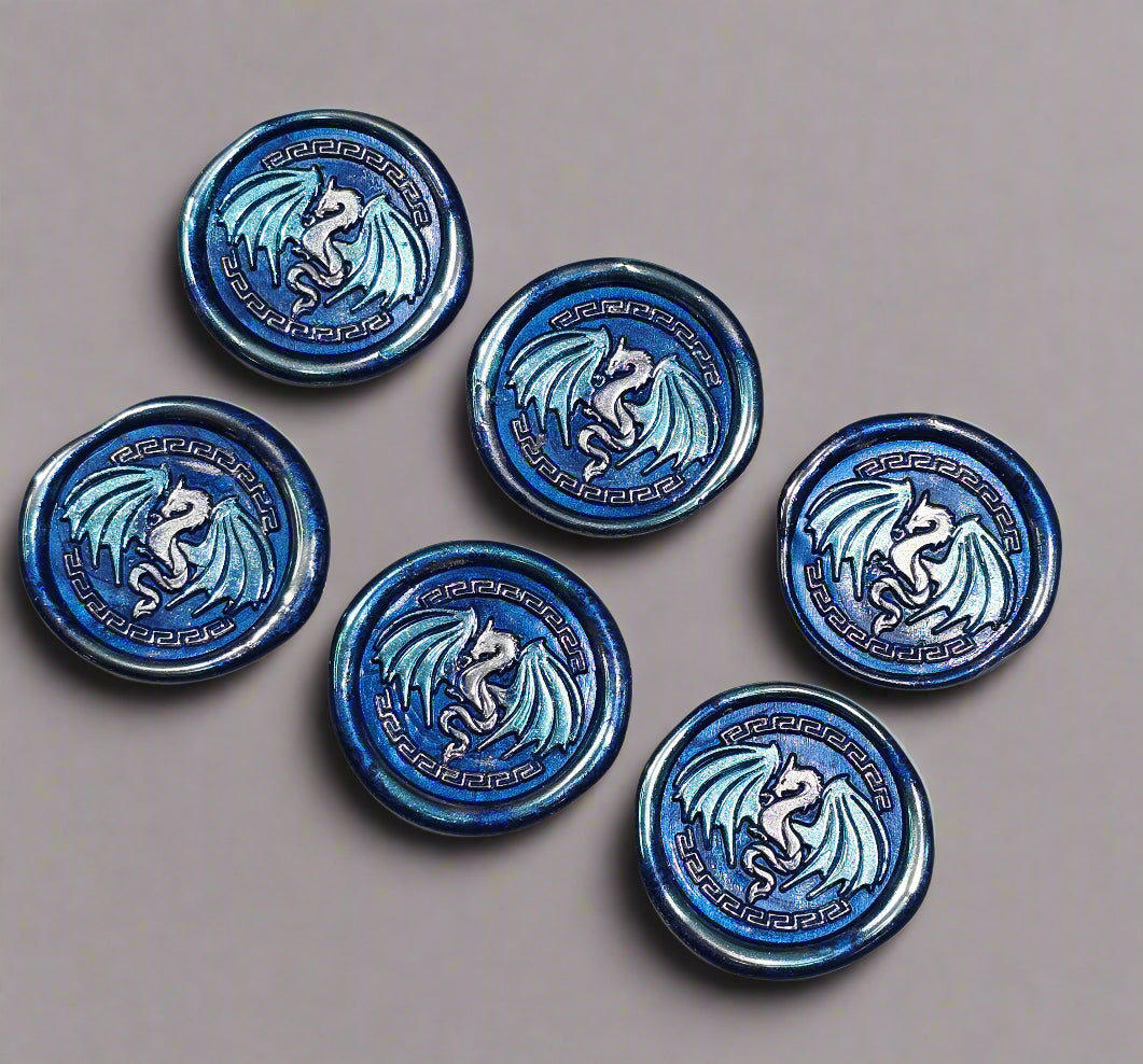 Dragon Wings Spread Wax Seals Blue & Silver Set of SIX, with Adhesive Wax Seals for Cards, Invitations and Gifts