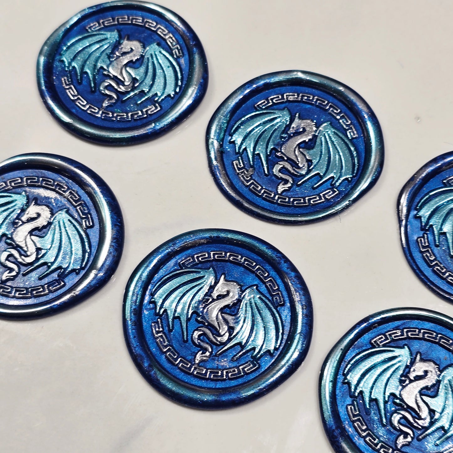 Dragon Wings Spread Wax Seals Blue & Silver Set of SIX, with Adhesive Wax Seals for Cards, Invitations and Gifts