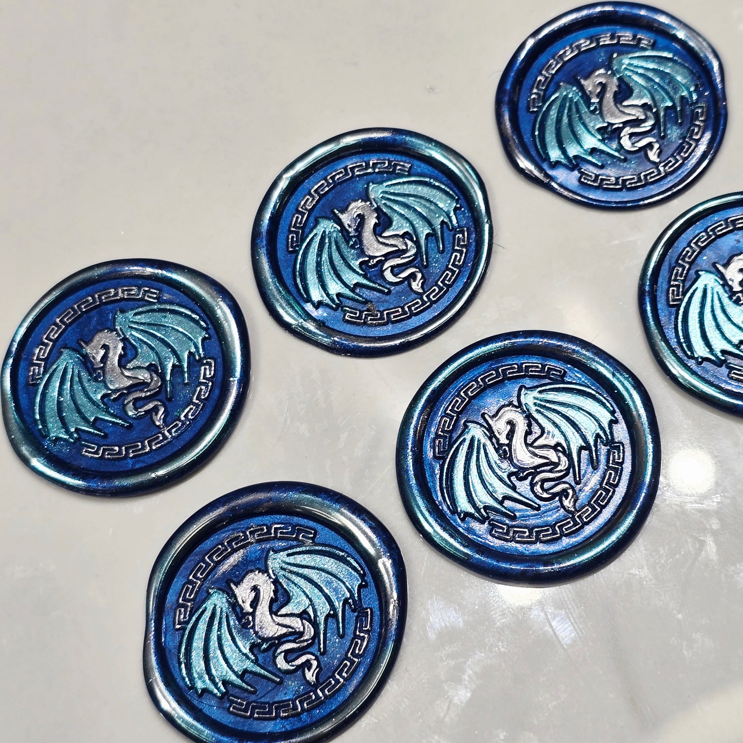 Dragon Wings Spread Wax Seals Blue & Silver Set of SIX, with Adhesive Wax Seals for Cards, Invitations and Gifts