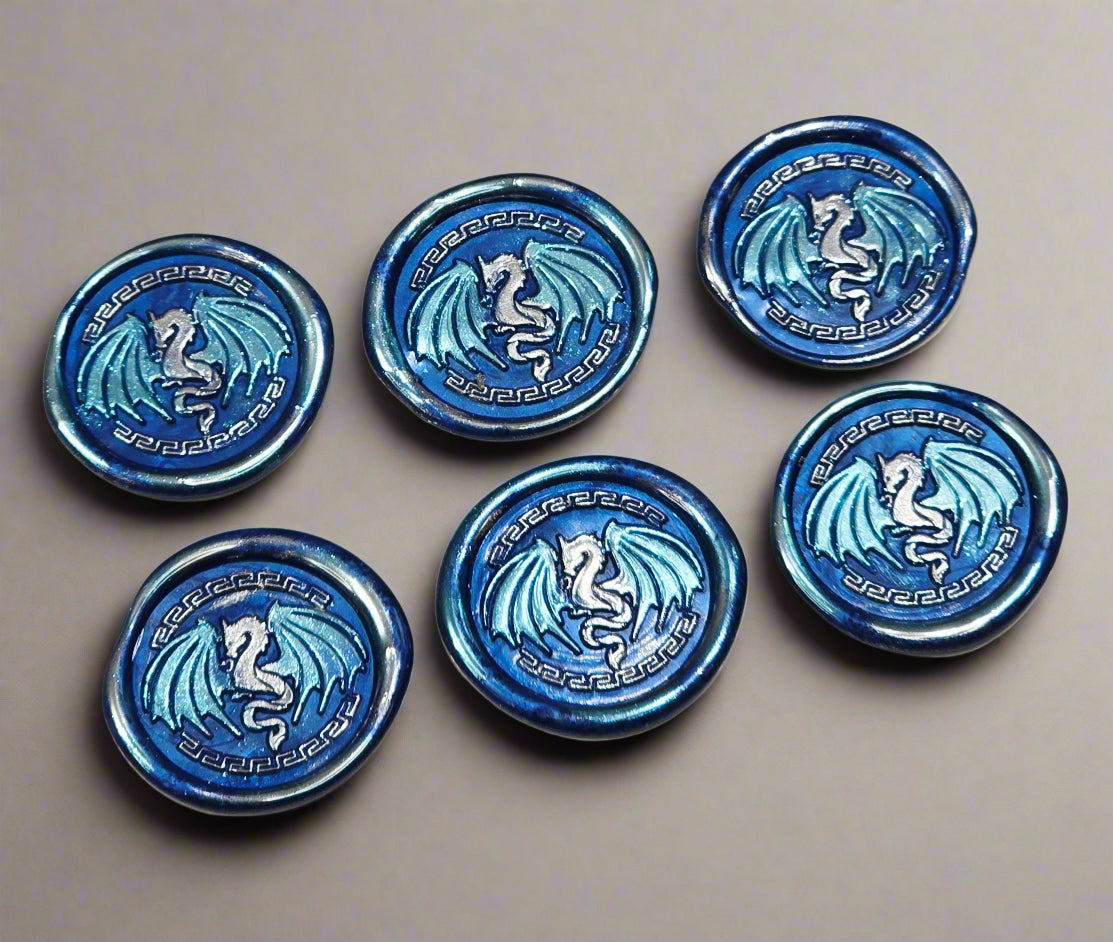 Dragon Wings Spread Wax Seals Blue & Silver Set of SIX, with Adhesive Wax Seals for Cards, Invitations and Gifts