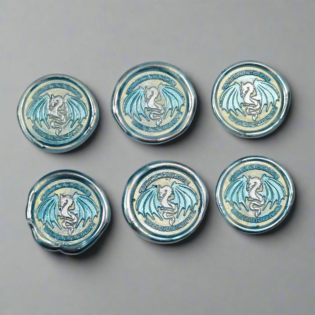 Dragon Wings Spread Wax Seals Ice Blue & Silver Set of SIX, with Adhesive Wax Seals for Cards, Invitations and Gifts