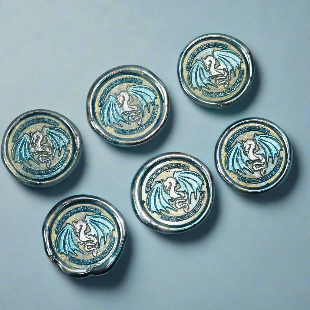 Dragon Wings Spread Wax Seals Ice Blue & Silver Set of SIX, with Adhesive Wax Seals for Cards, Invitations and Gifts