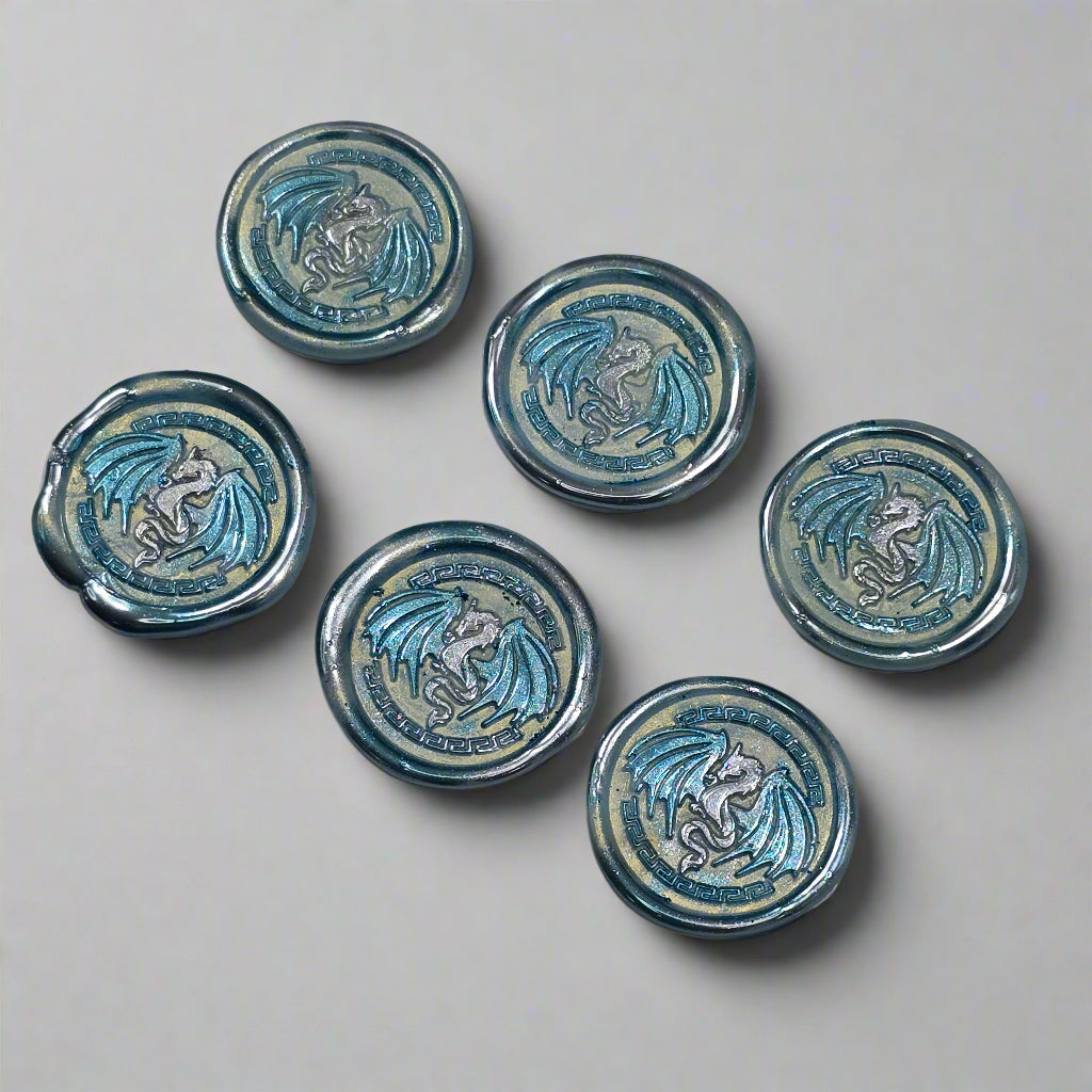 Dragon Wings Spread Wax Seals Ice Blue & Silver Set of SIX, with Adhesive Wax Seals for Cards, Invitations and Gifts