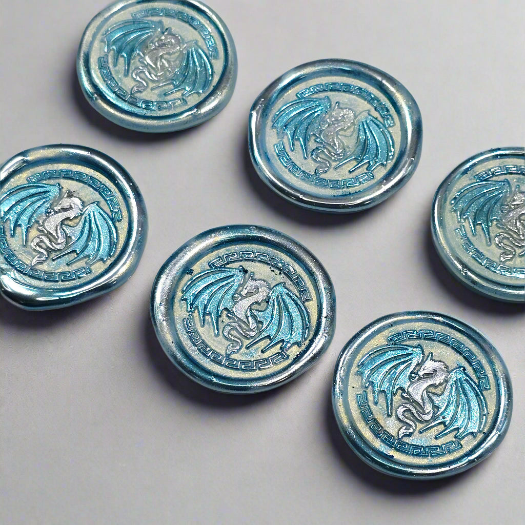 Dragon Wings Spread Wax Seals Ice Blue & Silver Set of SIX, with Adhesive Wax Seals for Cards, Invitations and Gifts