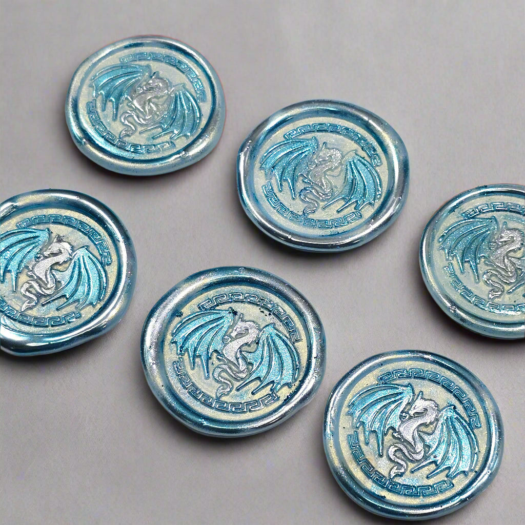Dragon Wings Spread Wax Seals Ice Blue & Silver Set of SIX, with Adhesive Wax Seals for Cards, Invitations and Gifts