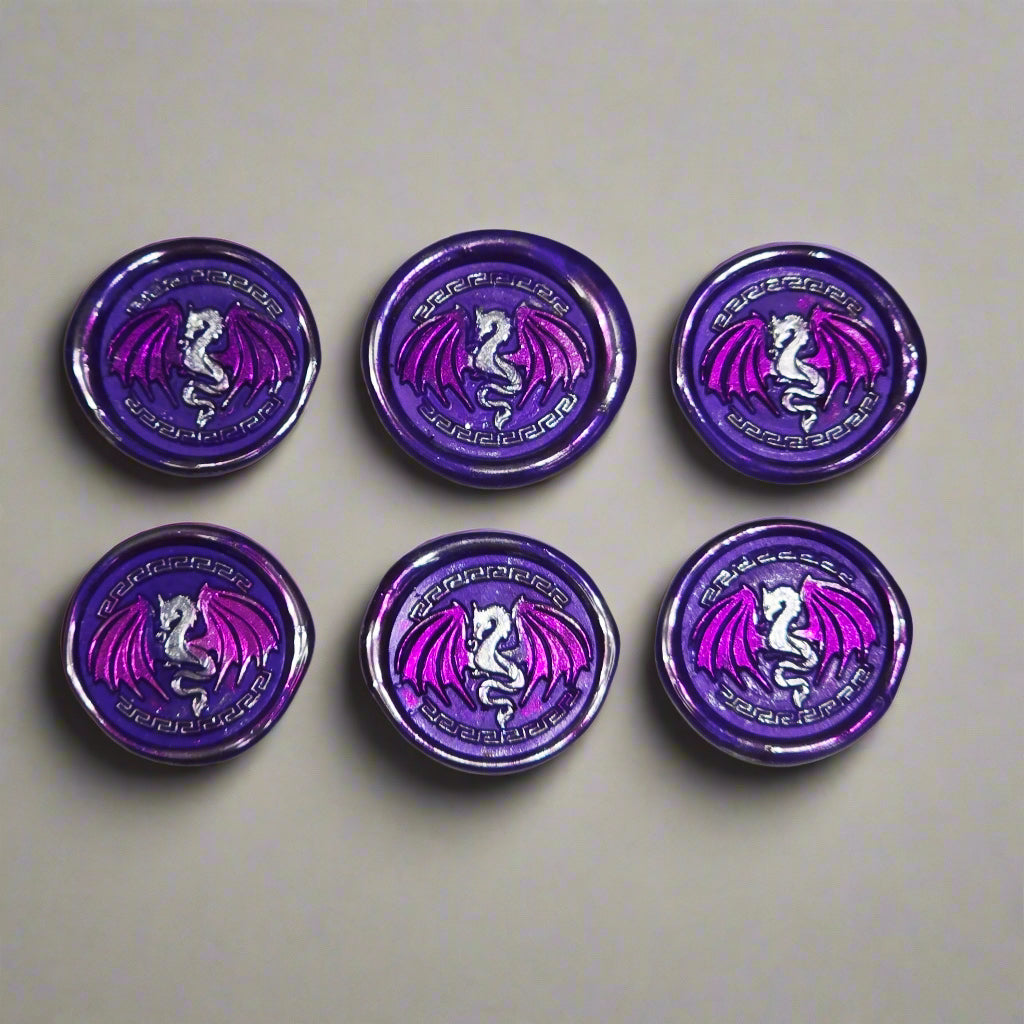 Dragon Wings Spread Wax Seals Purple & Silver Set of SIX, with Adhesive Wax Seals for Cards, Invitations and Gifts
