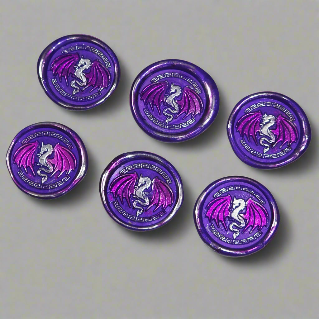 Dragon Wings Spread Wax Seals Purple & Silver Set of SIX, with Adhesive Wax Seals for Cards, Invitations and Gifts