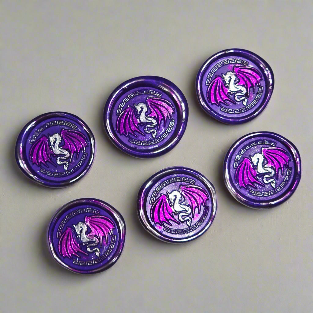 Dragon Wings Spread Wax Seals Purple & Silver Set of SIX, with Adhesive Wax Seals for Cards, Invitations and Gifts