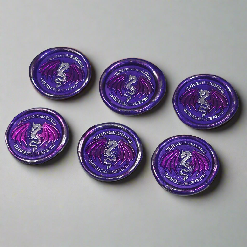 Dragon Wings Spread Wax Seals Purple & Silver Set of SIX, with Adhesive Wax Seals for Cards, Invitations and Gifts