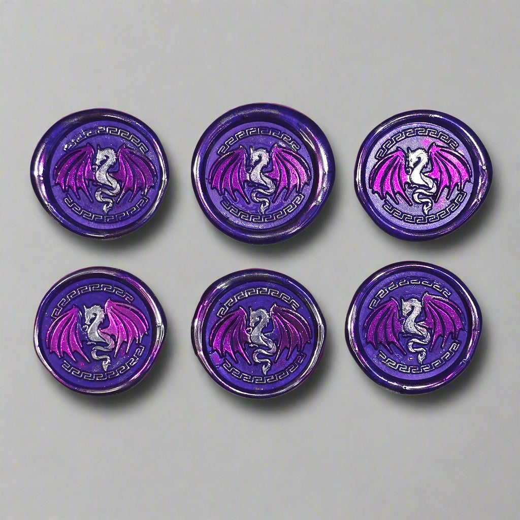 Dragon Wings Spread Wax Seals Purple & Silver Set of SIX, with Adhesive Wax Seals for Cards, Invitations and Gifts